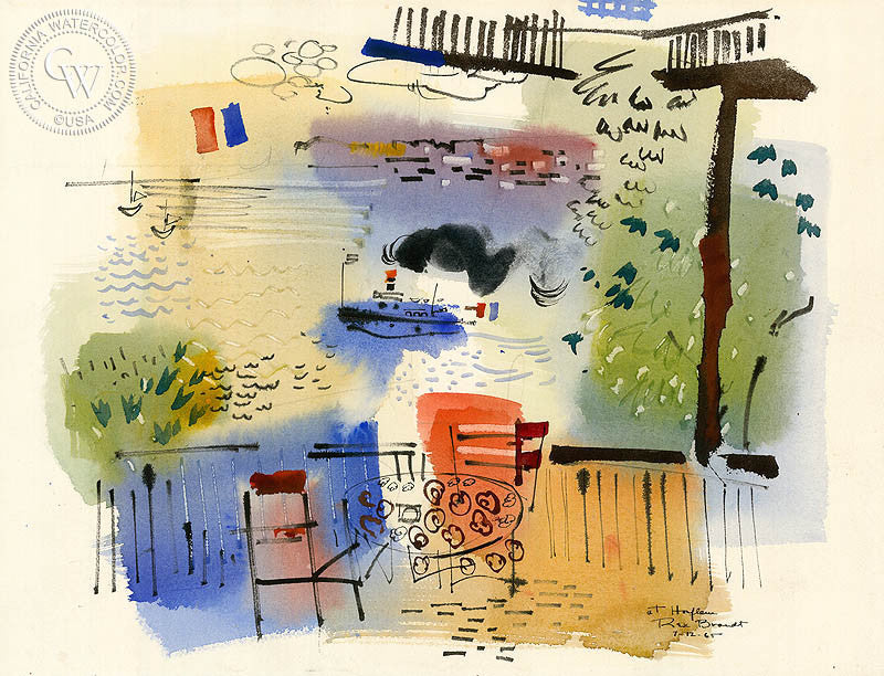 At Honfleur, 1965, watercolor painting by Rex Brandt  (American art). Fine art giclée print reproduction by California Watercolor for wall decor.