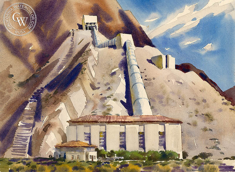 Hayfield Pumping Station, California, 1953, watercolor painting by Rex Brandt  (American art). Fine art giclée print reproduction by California Watercolor for wall decor.