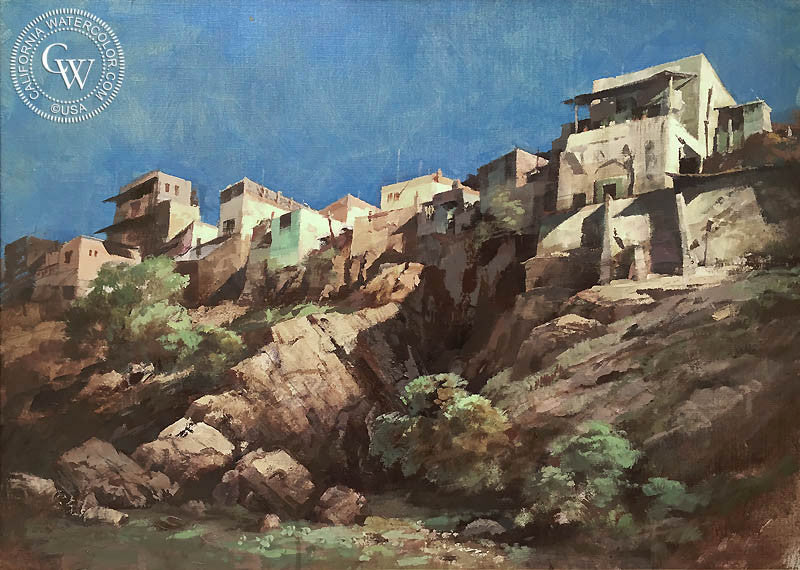 Cliffside Houses, oil painting by Richmond Kelsey (American art). Original painting by California Watercolor for wall decor.