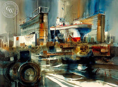 Lake Union Boat Works, c. 1950s, California art by Ritchie A. Benson. HD giclee art prints for sale at CaliforniaWatercolor.com - original California paintings, & premium giclee prints for sale