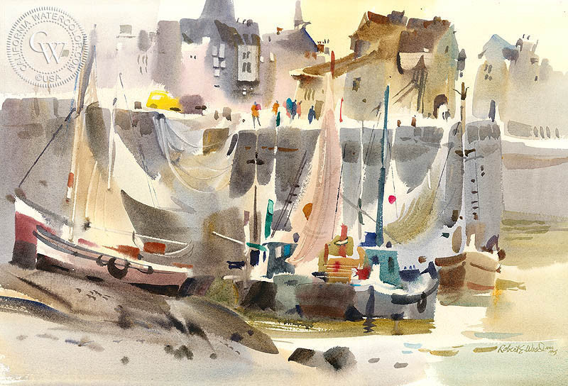 Honfleur Boats and Nets, 1973, watercolor painting by Robert E. Wood  (American art). Fine art giclée print reproduction by California Watercolor for wall decor.