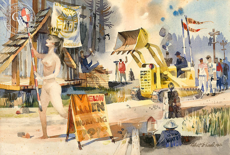 Slow Men Working, 1963, watercolor painting by Robert E. Wood  (American art). Fine art giclée print reproduction by California Watercolor for wall decor.