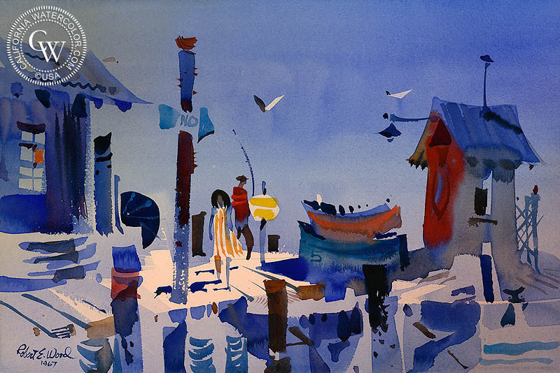 Wharf Scene, 1967, watercolor painting by Robert E. Wood  (American art). Fine art giclée print reproduction by California Watercolor for wall decor.