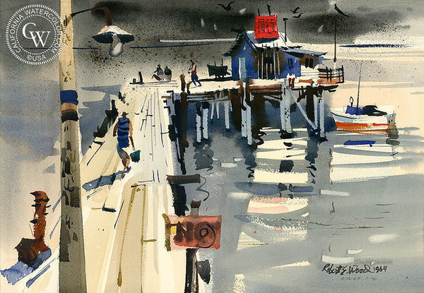 Pier Fishing, 1964, California art by Robert E. Wood. HD giclee art prints for sale at CaliforniaWatercolor.com - original California paintings, & premium giclee prints for sale