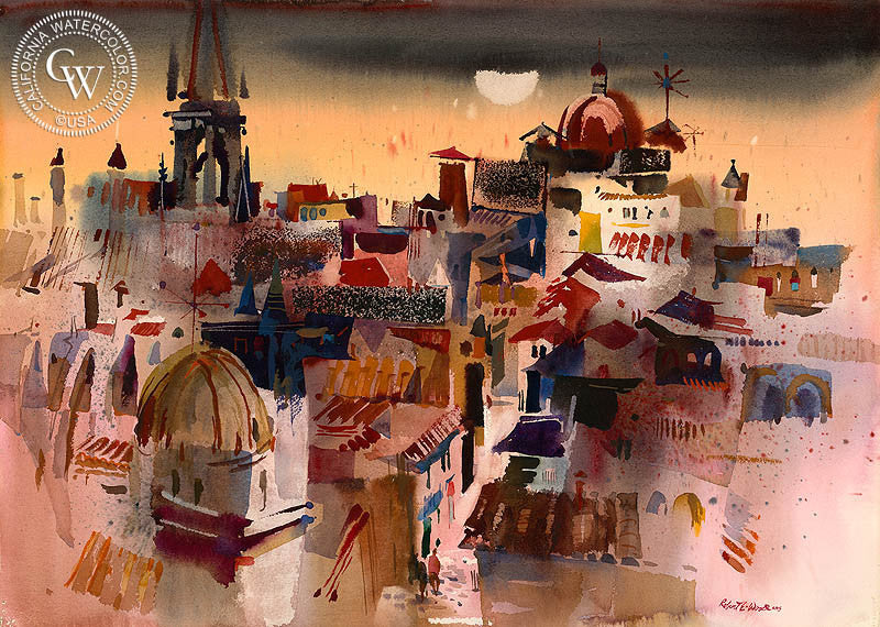 Spanish Rooftops, Toledo, 1969, watercolor painting by Robert E. Wood  (American art). Fine art giclée print reproduction by California Watercolor for wall decor.
