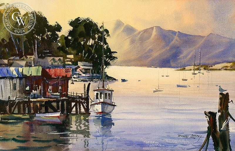 At the Dock, watercolor painting by Robert Landry  (American art). Fine art giclée print reproduction by California Watercolor for wall decor.