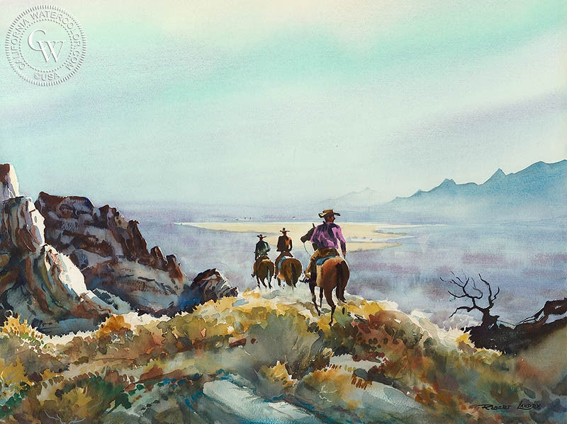 Back Bay Ride, c. 1951, watercolor painting by Robert Landry  (American art). Fine art giclée print reproduction by California Watercolor for wall decor.