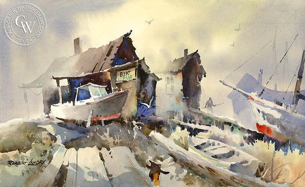 Boat Repair, California art by Robert Landry. HD giclee art prints for sale at CaliforniaWatercolor.com - original California paintings, & premium giclee prints for sale