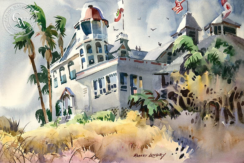 Hotel del Coronado, watercolor painting by Robert Landry  (American art). Fine art giclée print reproduction by California Watercolor for wall decor.