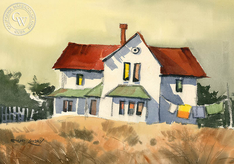 Laundry Day, watercolor painting by Robert Landry  (American art). Fine art giclée print reproduction by California Watercolor for wall decor.