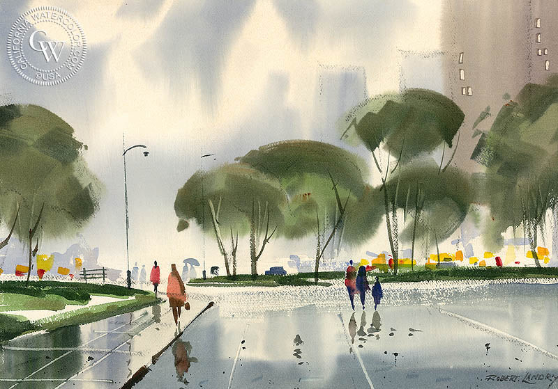 Rainy Day, watercolor painting by Robert Landry  (American art). Fine art giclée print reproduction by California Watercolor for wall decor.