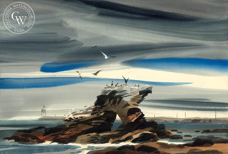 Bird Rock, Corona del Mar, c. 1958, watercolor painting by Robert Perine (American art). Original watercolor painting by California Watercolor for wall decor.