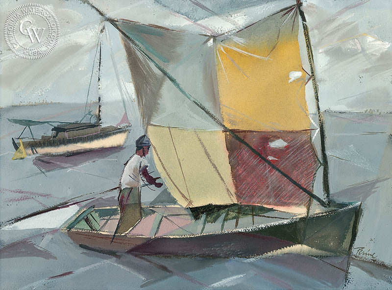 Sailing, watercolor painting by Robert Perine (American art). Original watercolor painting by California Watercolor for wall decor.