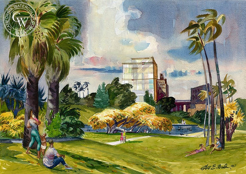 A Day in the Park, 1957, watercolor painting by Robert E. Wood  (American art). Fine art giclée print reproduction by California Watercolor for wall decor.