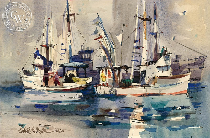 Fishing Boats, 1960, watercolor painting by Robert E. Wood  (American art). Fine art giclée print reproduction by California Watercolor for wall decor.