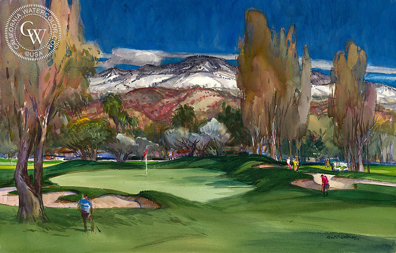 Hole #7, Lake Arrowhead Country Club, watercolor painting by Robert E. Wood  (American art). Fine art giclée print reproduction by California Watercolor for wall decor.