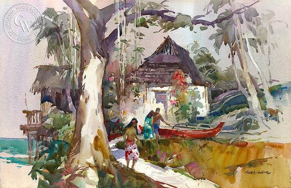 Huts at Heeia, Oahu, California art by Robert E. Wood. HD giclee art prints for sale at CaliforniaWatercolor.com - original California paintings, & premium giclee prints for sale