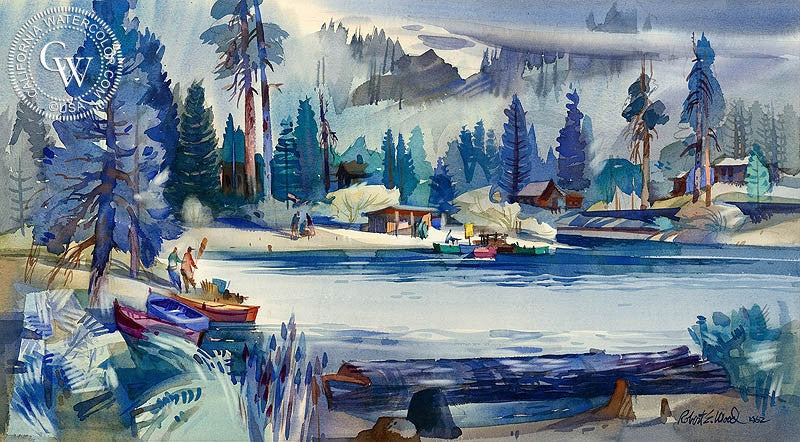 Green Valley Lake, 1962, watercolor painting by Robert E. Wood  (American art). Fine art giclée print reproduction by California Watercolor for wall decor.