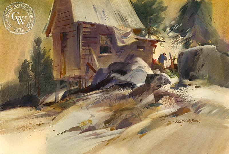 Lumberjack, watercolor painting by Robert E. Wood  (American art). Fine art giclée print reproduction by California Watercolor for wall decor.