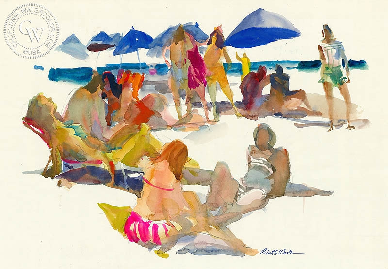 Sun Bathers, watercolor painting by Robert E. Wood  (American art). Fine art giclée print reproduction by California Watercolor for wall decor.