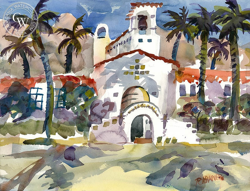 La Quinta Resort Spa, watercolor painting by Ron Hanner  (American art). Fine art giclée print reproduction by California Watercolor for wall decor.