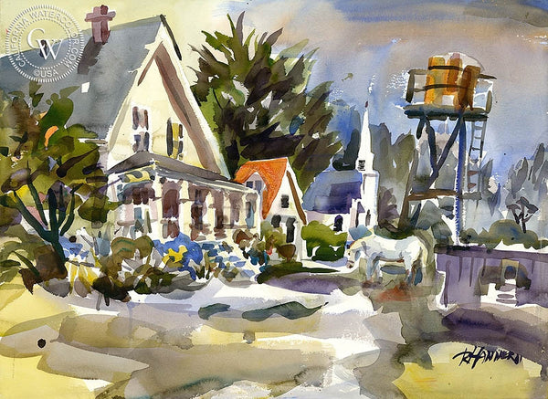 Mendocino Village II, California art by Ron Hanner. HD giclee art prints for sale at CaliforniaWatercolor.com - original California paintings, & premium giclee prints for sale