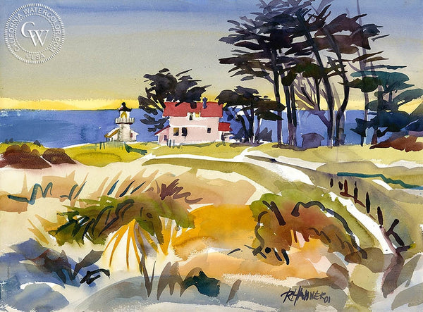 Point Cabrillo Lighthouse, California art by Ron Hanner. HD giclee art prints for sale at CaliforniaWatercolor.com - original California paintings, & premium giclee prints for sale