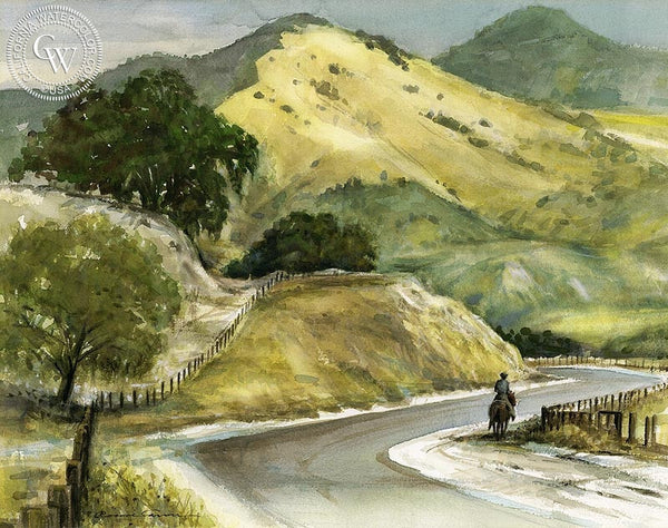 Horseman on the Road, California art by Roscoe Carver. HD giclee art prints for sale at CaliforniaWatercolor.com - original California paintings, & premium giclee prints for sale