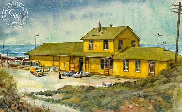 Surf Station, Santa Barbara, California art by Roscoe Carver. HD giclee art prints for sale at CaliforniaWatercolor.com - original California paintings, & premium giclee prints for sale