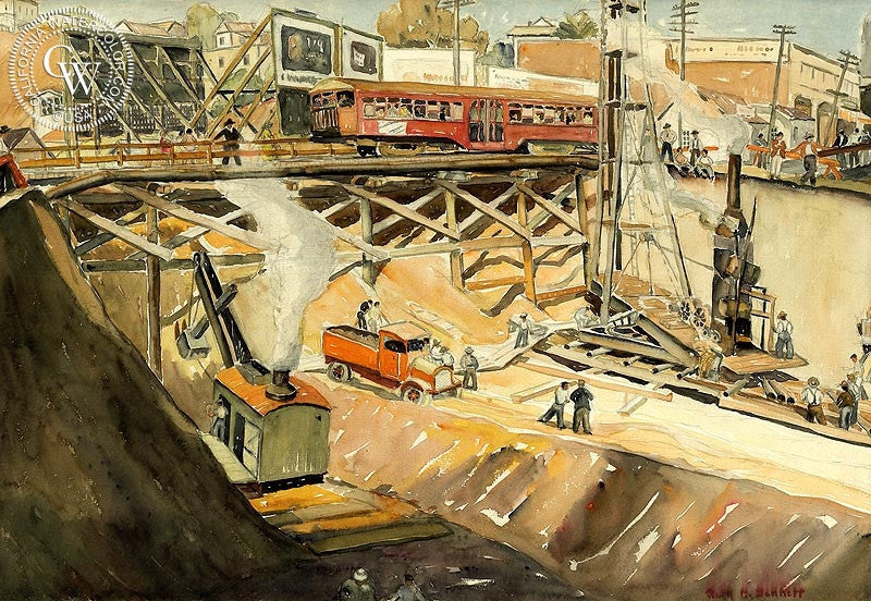 Moreno & Sunset Blvd., 1933, watercolor painting by Ruth Minerva Bennett  (American art). Fine art giclée print reproduction by California Watercolor for wall decor.