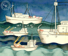 Fishing Boats, c. 1930's, California art by Ruth Ortlieb. HD giclee art prints for sale at CaliforniaWatercolor.com - original California paintings, & premium giclee prints for sale