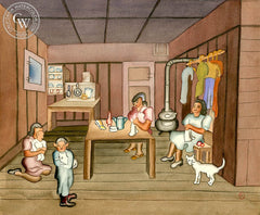 Kitchen Chores, c. 1930's, California art by Ruth Ortlieb. HD giclee art prints for sale at CaliforniaWatercolor.com - original California paintings, & premium giclee prints for sale