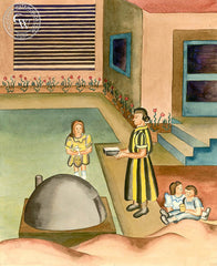 Playing in the Garden, c. 1930's, California art by Ruth Ortlieb. HD giclee art prints for sale at CaliforniaWatercolor.com - original California paintings, & premium giclee prints for sale