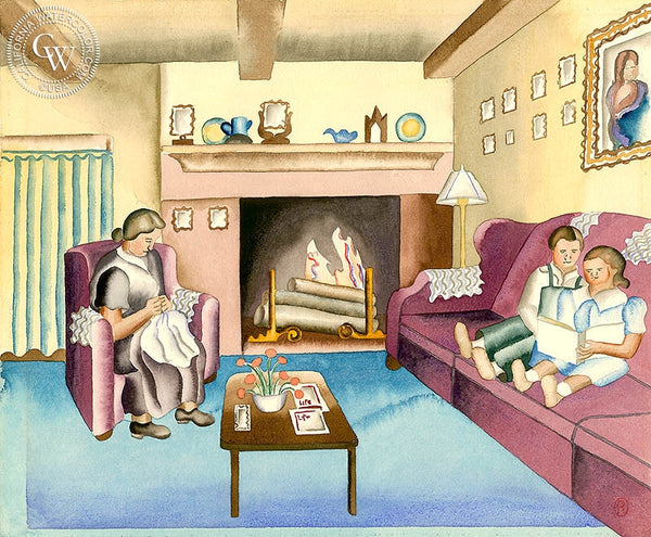 Relaxing by the Fireplace, c. 1930's, California art by Ruth Ortlieb. HD giclee art prints for sale at CaliforniaWatercolor.com - original California paintings, & premium giclee prints for sale