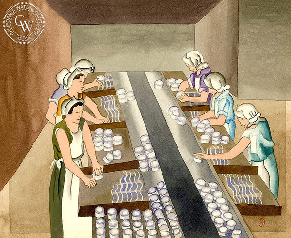 Tuna Packing Factory, c. 1930's, California art by Ruth Ortlieb. HD giclee art prints for sale at CaliforniaWatercolor.com - original California paintings, & premium giclee prints for sale