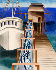 Unloading the Catch, c. 1930's, California art by Ruth Ortlieb. HD giclee art prints for sale at CaliforniaWatercolor.com - original California paintings, & premium giclee prints for sale