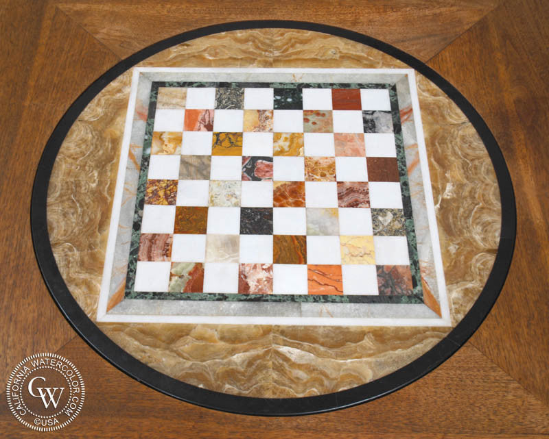 Chess table by Sam Maloof designed for Millard Sheets, chess board from Northern Italy, made from tiles used in Beverly Hills Mosaics by Millard Sheets, CaliforniaWatercolor.com