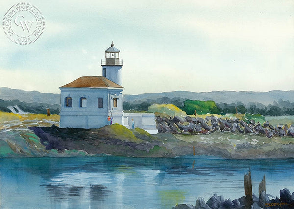 Lighthouse at Bandon, OR, California art by Steve Santmyer. HD giclee art prints for sale at CaliforniaWatercolor.com - original California paintings, & premium giclee prints for sale