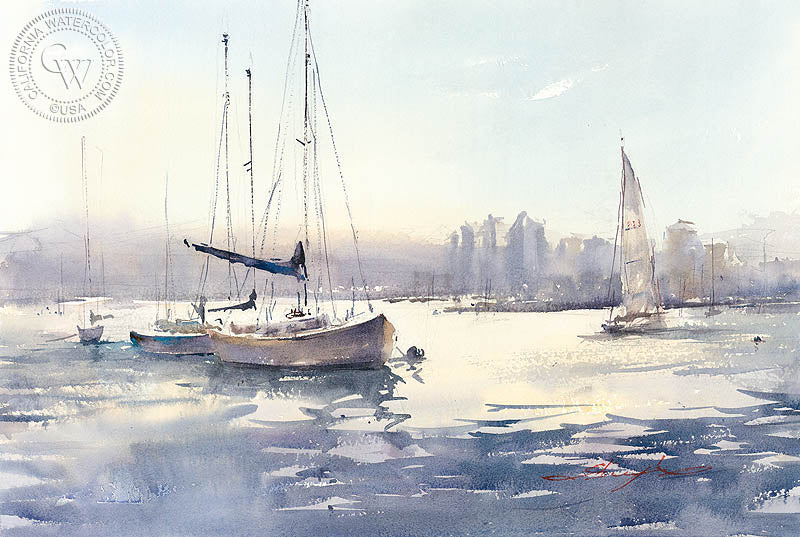 Morning at Shelter Island, watercolor painting by Shuang Li  (American art). Fine art giclée print reproduction by California Watercolor for wall decor.