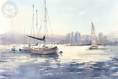 Morning at Shelter Island, California art by Shuang Li. HD giclee art prints for sale at CaliforniaWatercolor.com - original California paintings, & premium giclee prints for sale