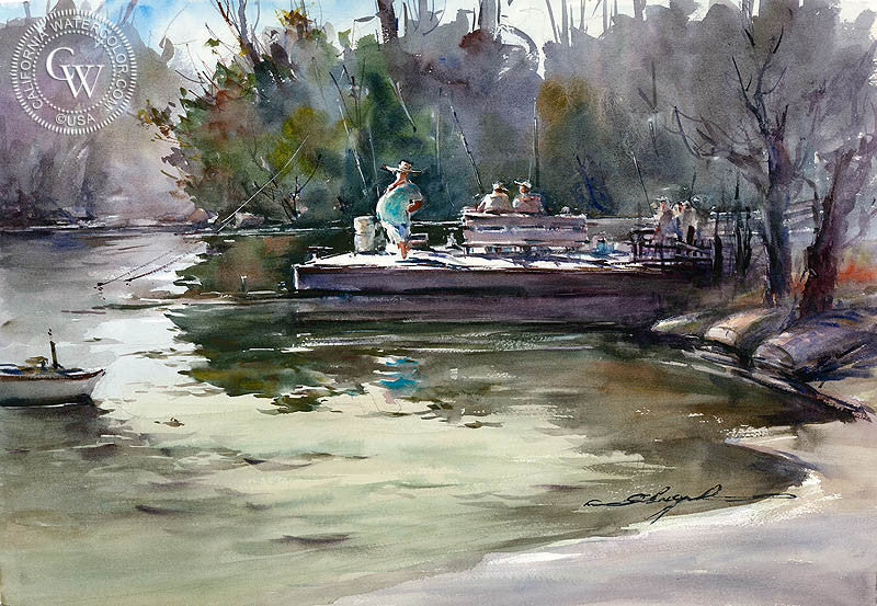 Dixon Lake Fisherman, watercolor painting by Shuang Li  (American art). Fine art giclée print reproduction by California Watercolor for wall decor.