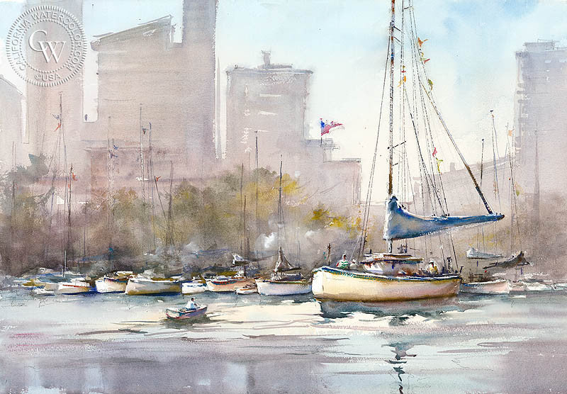 Downtown Marina, San Diego, watercolor painting by Shuang Li  (American art). Fine art giclée print reproduction by California Watercolor for wall decor.