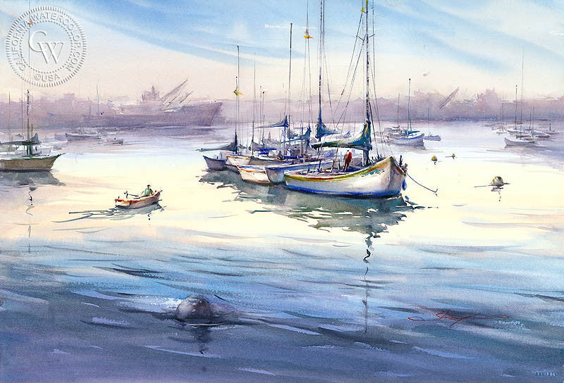 Harbor Morning III, watercolor painting by Shuang Li  (American art). Fine art giclée print reproduction by California Watercolor for wall decor.