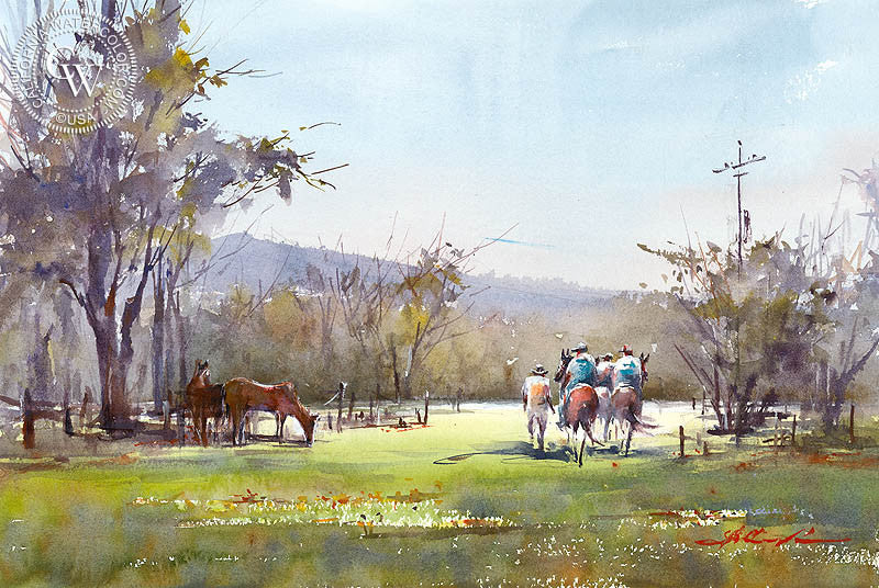 Horse Riding, Escondido, watercolor painting by Shuang Li  (American art). Fine art giclée print reproduction by California Watercolor for wall decor.