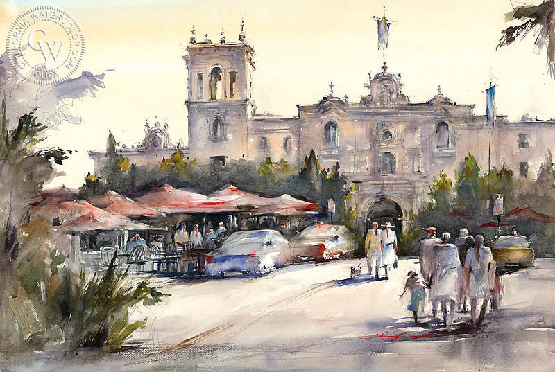 Park Visitors, Balboa Park, watercolor painting by Shuang Li  (American art). Fine art giclée print reproduction by California Watercolor for wall decor.
