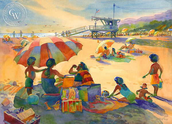 Will Rogers State Beach, Late Summer, California watercolor art by Sid Bingham. HD giclee art prints for sale at CaliforniaWatercolor.com - original California paintings, & premium giclee prints for sale
