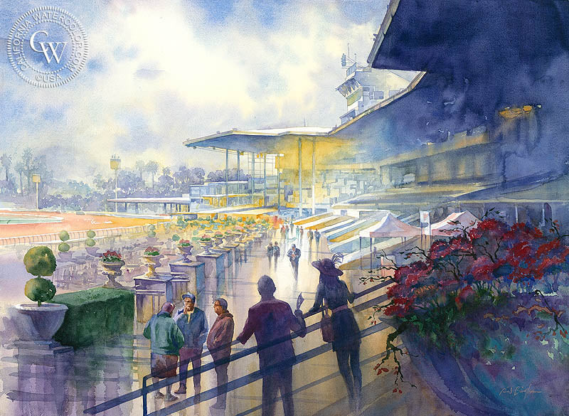 Anticipation, Santa Anita Race Track, watercolor painting by Sid Bingham  (American art). Fine art giclée print reproduction by California Watercolor for wall decor.
