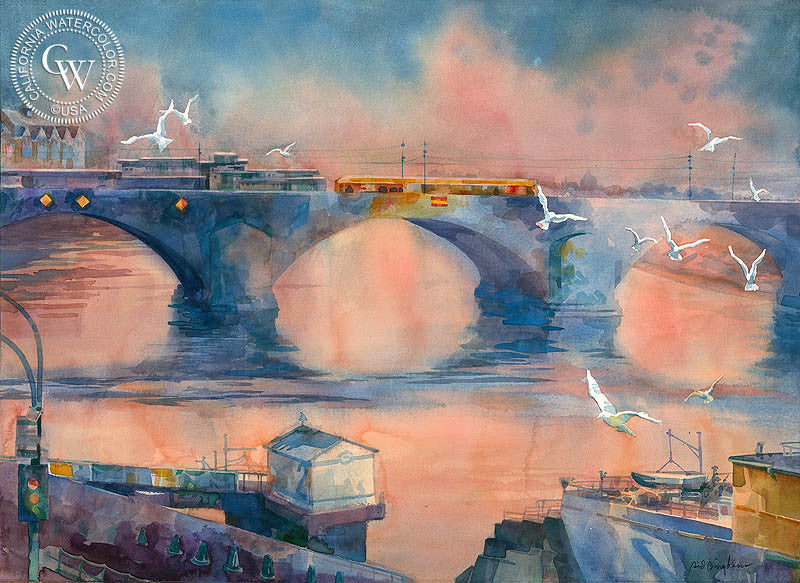 Augustus Bridge, watercolor painting by Sid Bingham  (American art). Fine art giclée print reproduction by California Watercolor for wall decor.