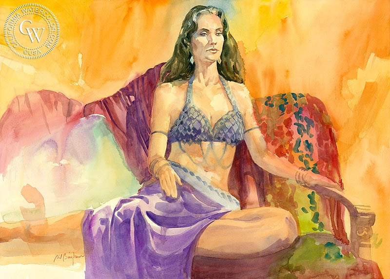 Belly Dancer, watercolor painting by Sid Bingham  (American art). Fine art giclée print reproduction by California Watercolor for wall decor.