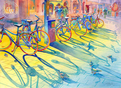Bikes in March, Innsbruck, California art by Sid Bingham. HD giclee art prints for sale at CaliforniaWatercolor.com - original California paintings, & premium giclee prints for sale